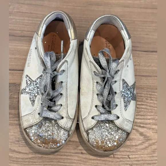 Golden Goose Superstar Glitter Sneakers – Silver/Gold Star | Size 10 | Girls - Picture 1 of 5